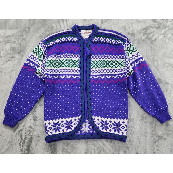Vintage Obermeyer Kladia Wool Blend Fair Isle Full Zip Cardigan Size L Purple - Picture 1 of 7